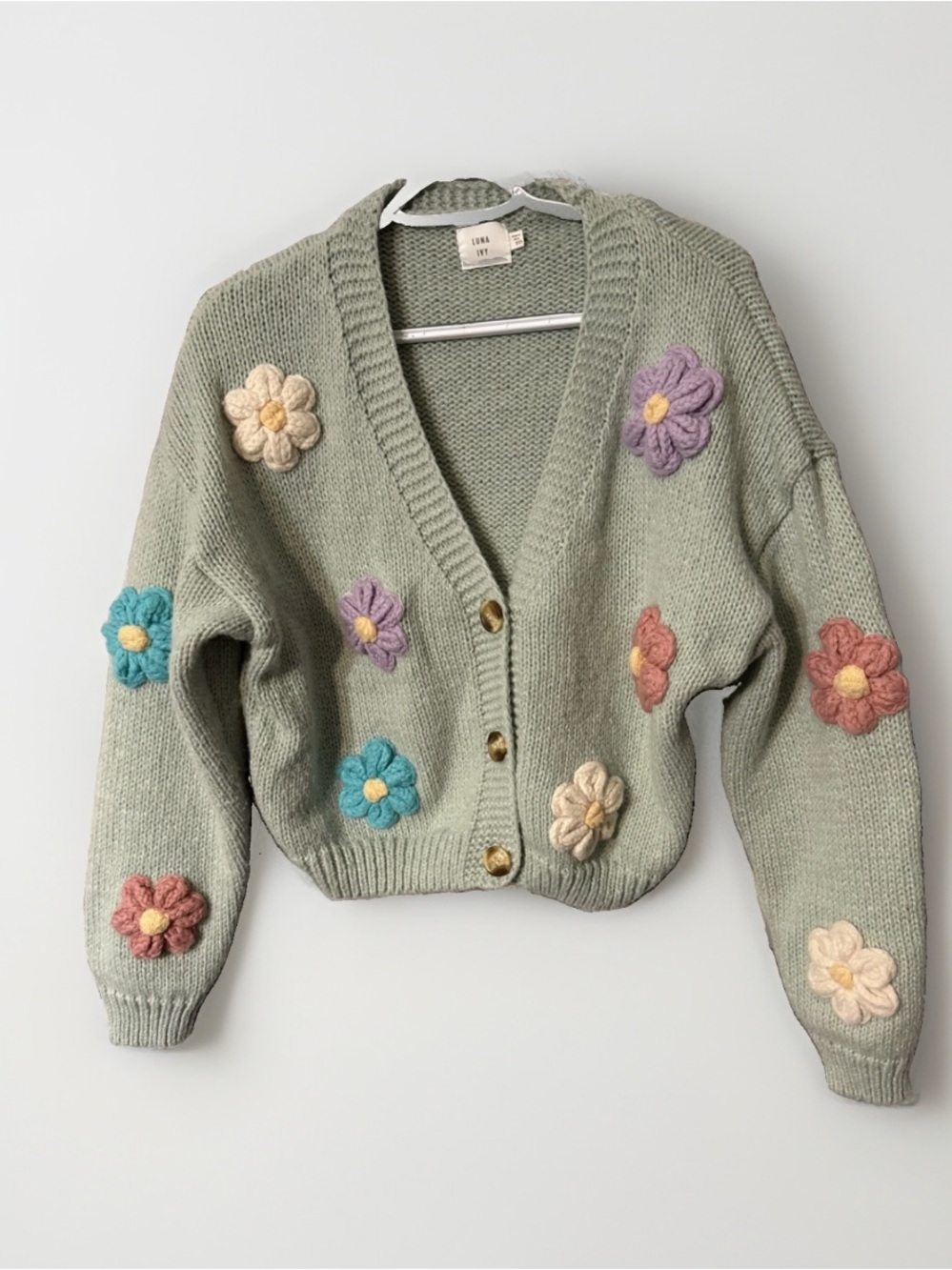 Luna Ivy Anthropologie Sz S Cardigan Floral Oversized Green Puffed Crocheted A27